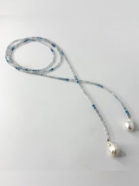Long Gradient Aquamarine Necklace, Baroque Pearl Pendant, Lariat Wrap Necklace